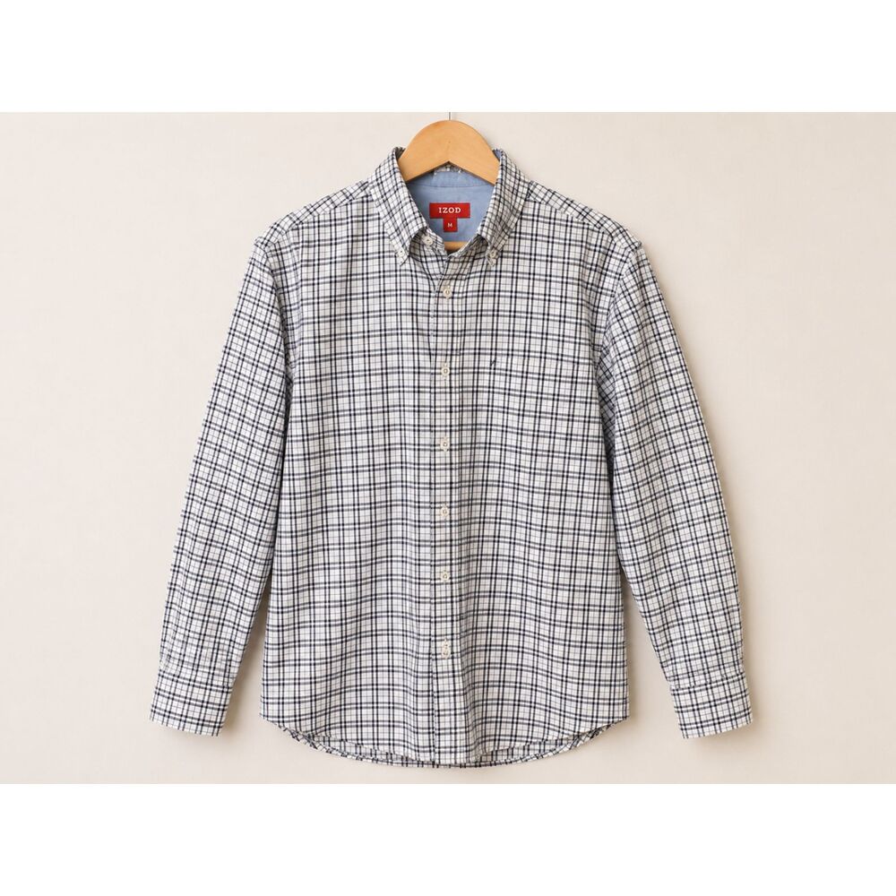 IZOD Button Down Shirt | Men's Medium | Blue & White Plaid | Long Sleeve | EUC